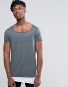 Asos Super Longline T-shirt With Contrast Hem And Raw Scoop Neck In Slate - Blue