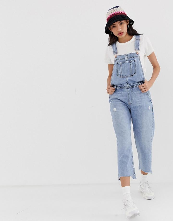 River Island Denim Overalls In Mid Wash-blue