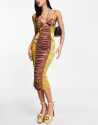 Asos Design Ruched Color Block Satin Cami Midi Dress In Gold And Brown-multi
