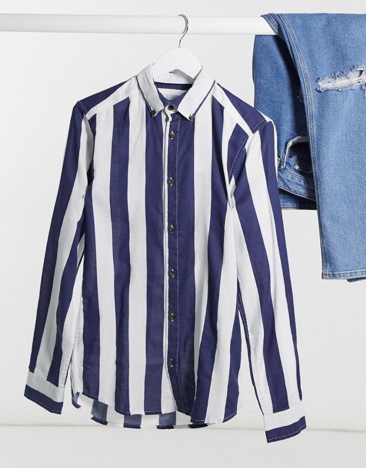 Only & Sons Long Sleeve Bold Stripe Twill Shirt In Dress Blues