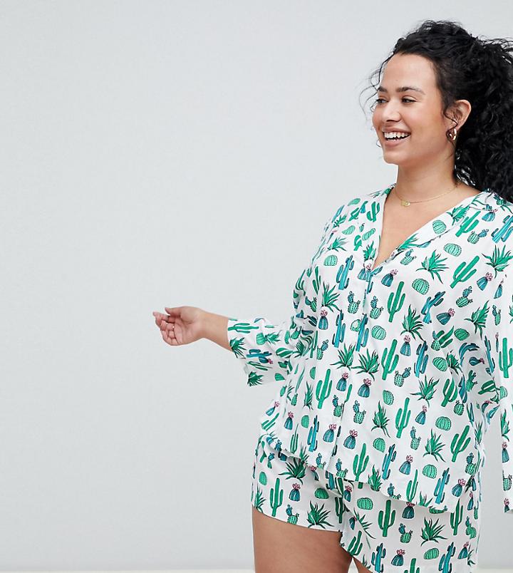 Asos Design Curve Cactus Traditional 100% Modal Short Set - Multi