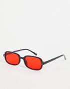 Asos Design Retro Recycled Rectangle Sunglasses With Red Lens In Black
