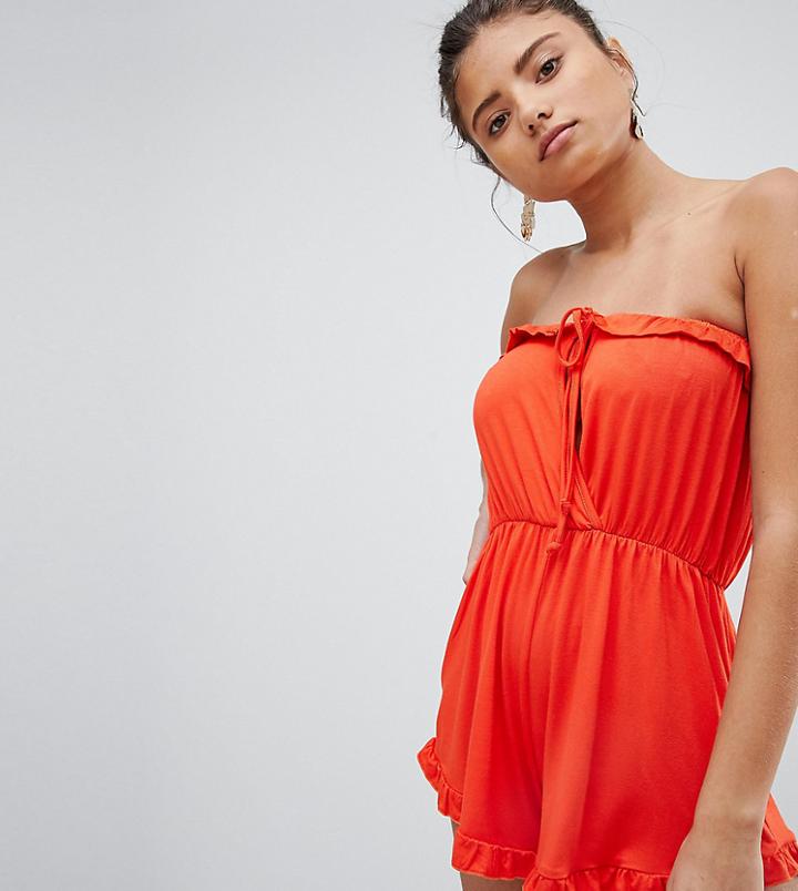 Prettylittlething Exclusive Tie Front Bandeau Romper - Red