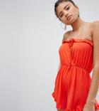 Prettylittlething Exclusive Tie Front Bandeau Romper - Red