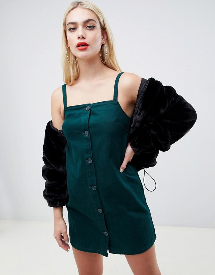 Asos Design Denim Cami Dress With Button Front In Dark Green - Green