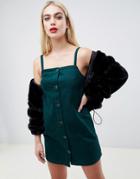 Asos Design Denim Cami Dress With Button Front In Dark Green - Green