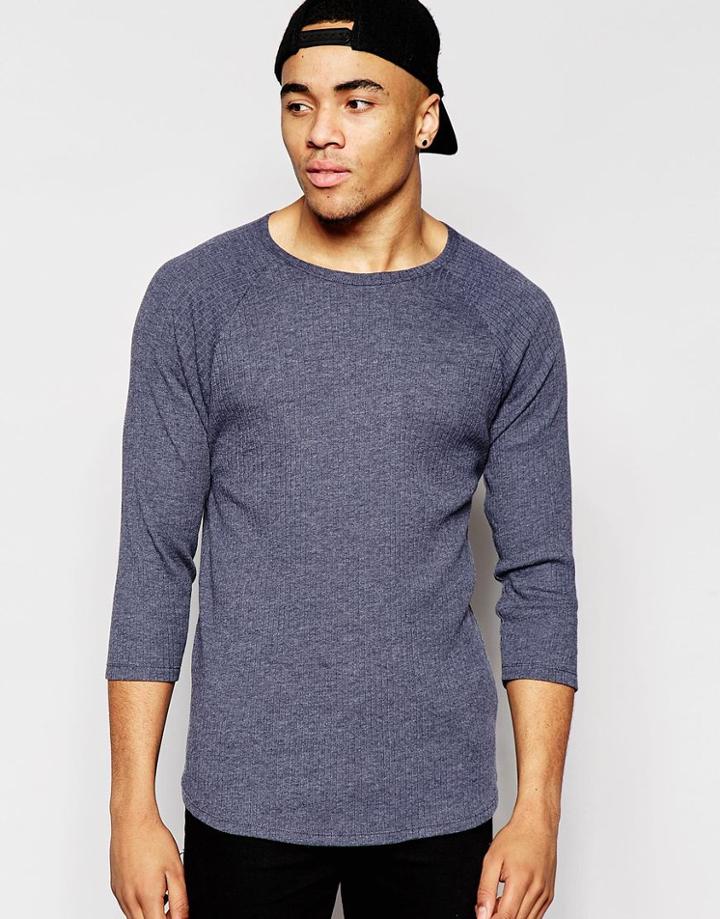 Asos Ribbed Jersey Extreme Muscle 3/4 Sleeve T-shirt In Navy - Navy Marl