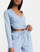 Asos Design Mix & Match Cotton Pyjama Long Sleeve Wrap Top In Blue - Khaki-green