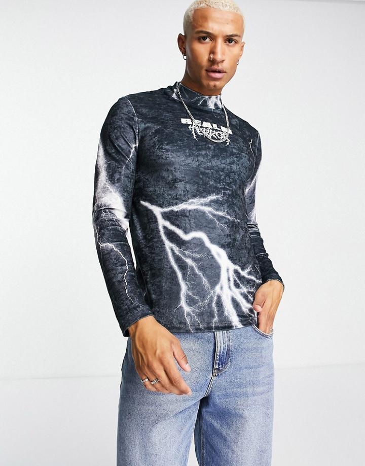 Asos Design Skinny Long Sleeve High Neck Velour T-shirt In All Over Lightning Print-black