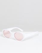 Asos Design Oval Sunglasses In White With Pink Lens - White