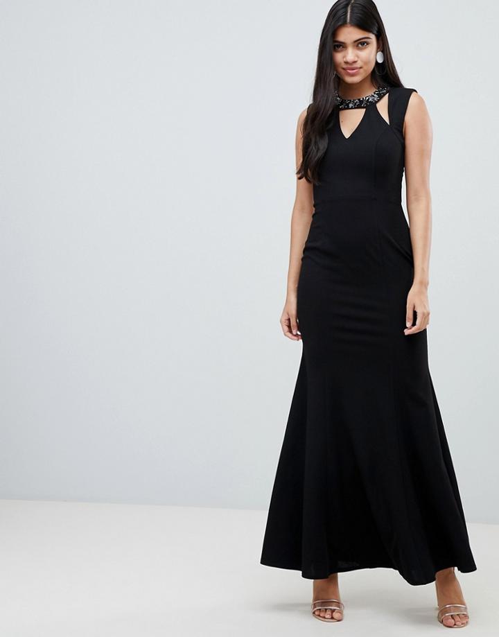 Little Mistress Maxi Dress With Embellished Cut Out Neckline And Scoop Back - Black