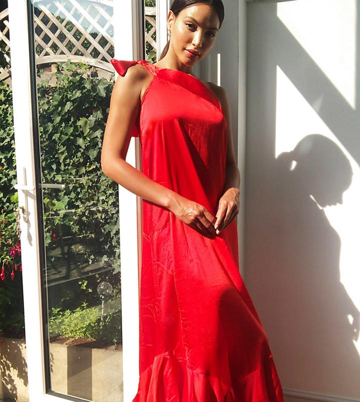 Missguided Tall Satin Ruffle Maxi Dress In Pink