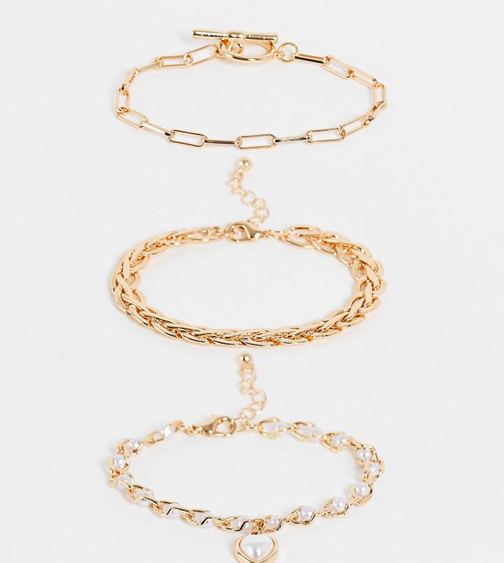 Reclaimed Vintage Inspired Bracelets With Heart Charm In Gold And Faux Pearl 3 Pack