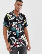 Le Breve Floral Short Sleeve Revere Collar Shirt-black