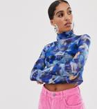 Reclaimed Vintage Inspired Mesh Crop Top With High Neck In Tie Dye - Blue