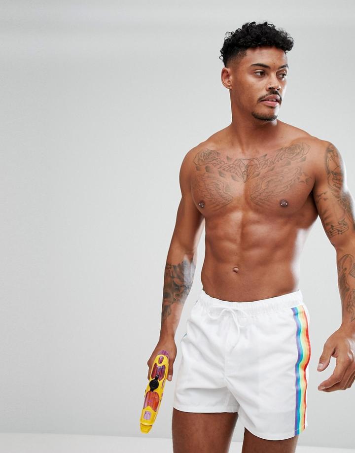 Asos Swim Shorts With Rainbow Side Tape In Short Length - White