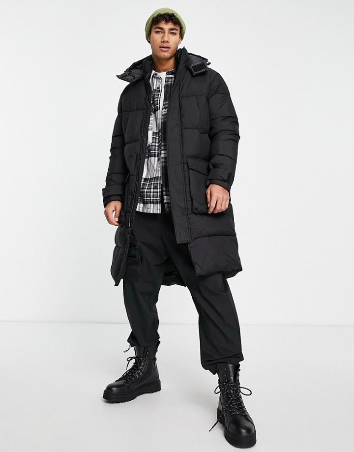 Jack & Jones Originals Heavy Long Puffer With Hood In Black