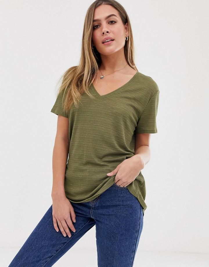 Asos Design T-shirt In Longline Slubby Rib In Khaki-green