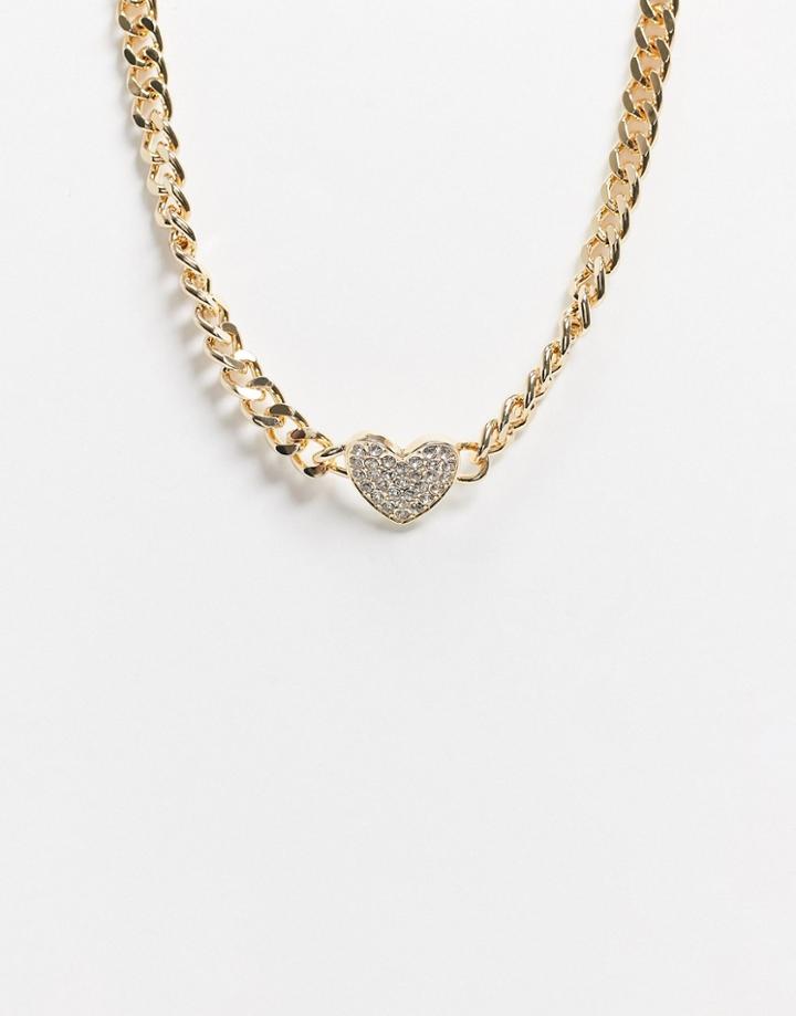 Asos Design Necklace With Crystal Heart And Curb Chain In Gold Tone