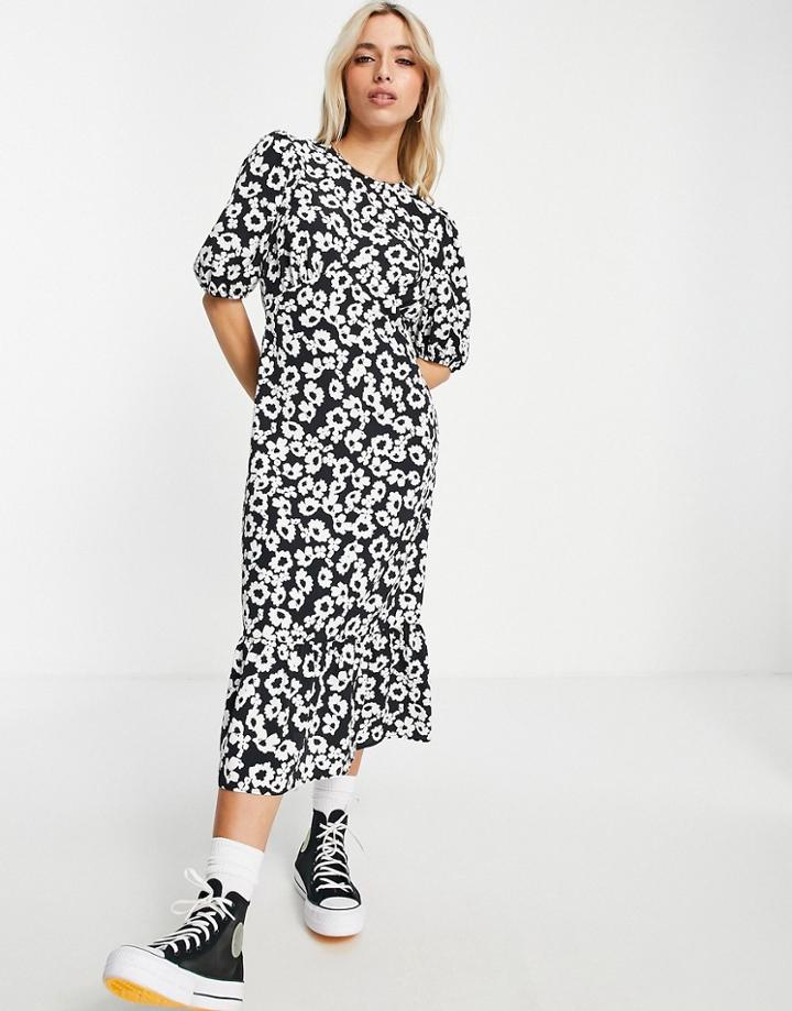 Miss Selfridge Puff Sleeve Midi Dress In Mono Floral-multi