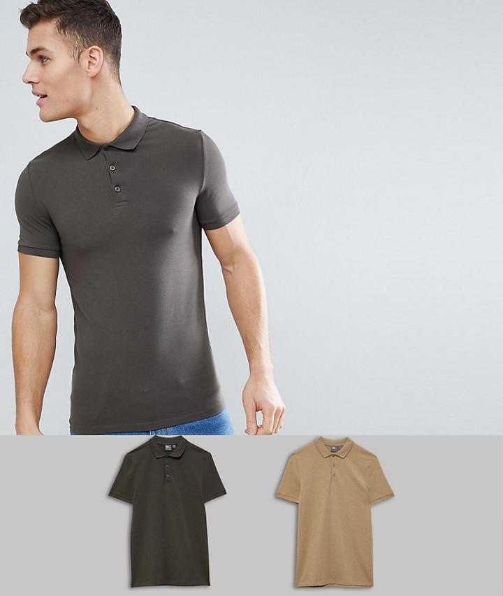 Asos Design Muscle Fit Polo In Jersey 2 Pack Save - Multi