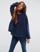 Asos Oversized Sweat With Sheer Ruffle Hem & Raw Edge - Navy