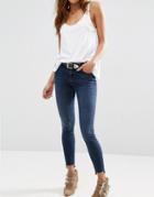 Asos Lisbon Skinny Mid Rise Jeans In Dark Wash With Stepped Hem - Darkwash Blue