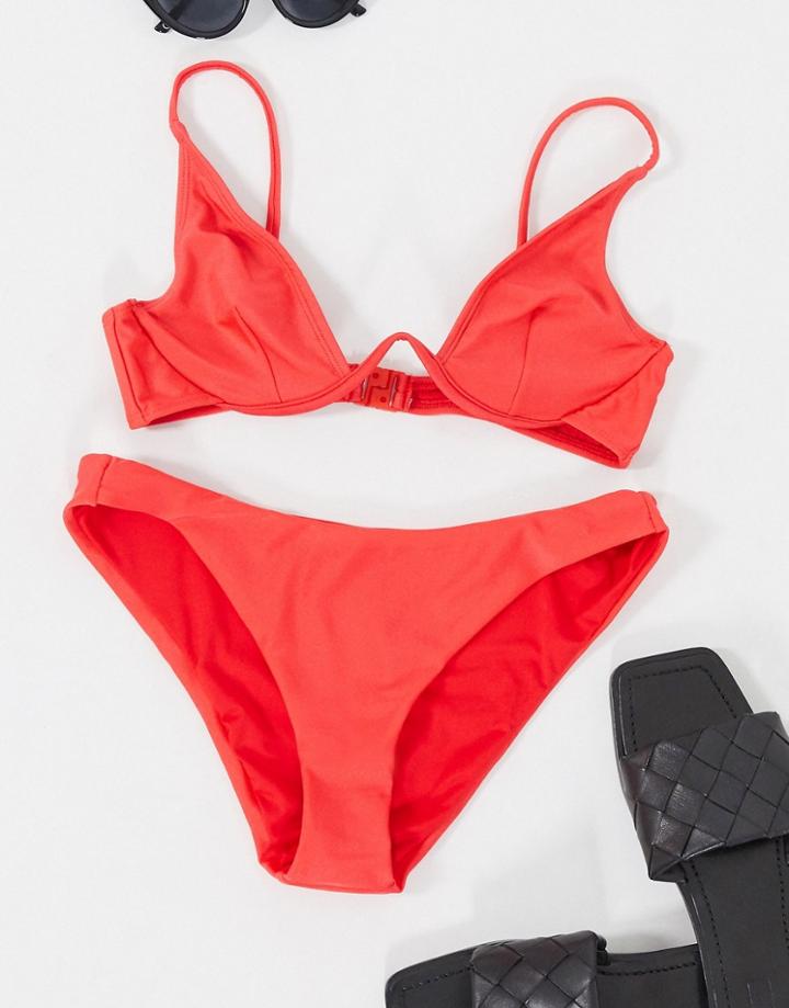 Asos Design V Front High Leg Bikini Bottom In Red