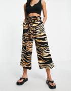 River Island Animal Print Wide Belted Pant In Brown