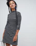 Esprit High Neck Stripe Dress In Black And White - Multi