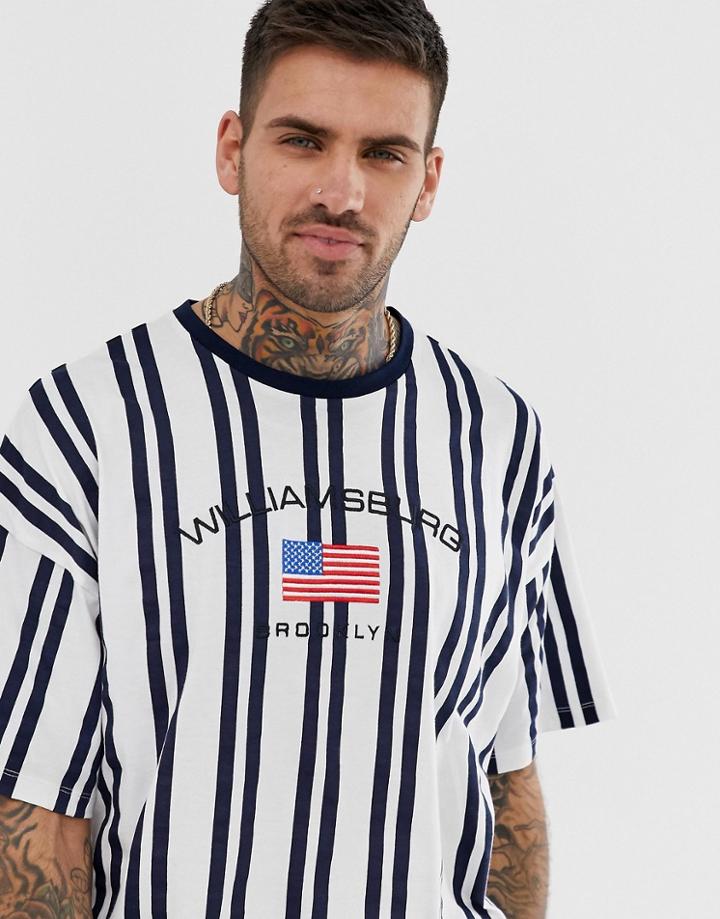 Asos Design Oversized Vertical Stripe T-shirt With City Embroidery - White