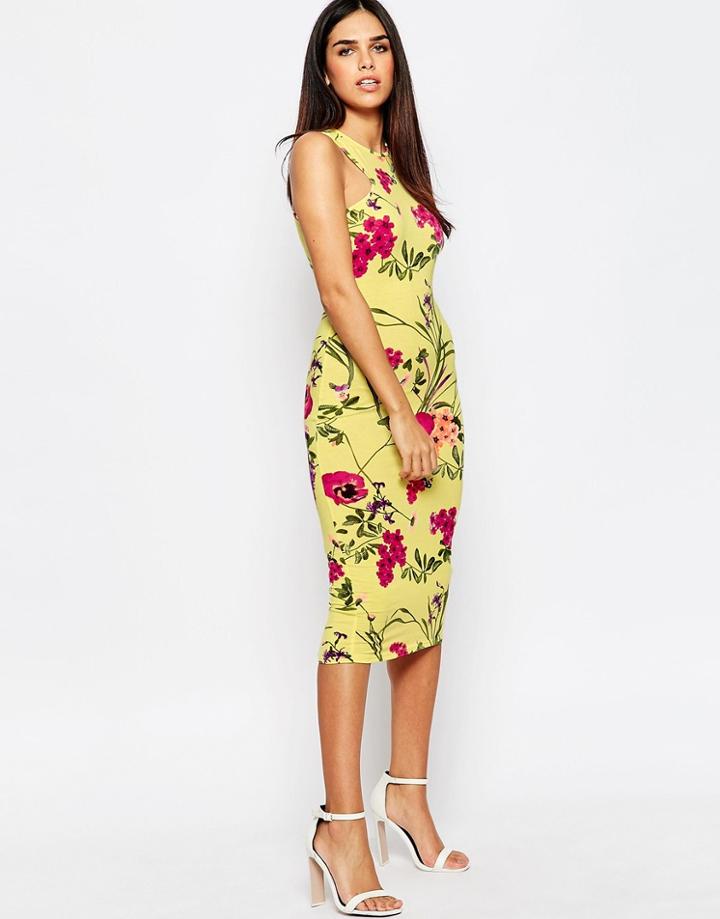 Club L Racer Front Midi Dress In Bright Floral Print - Yellow