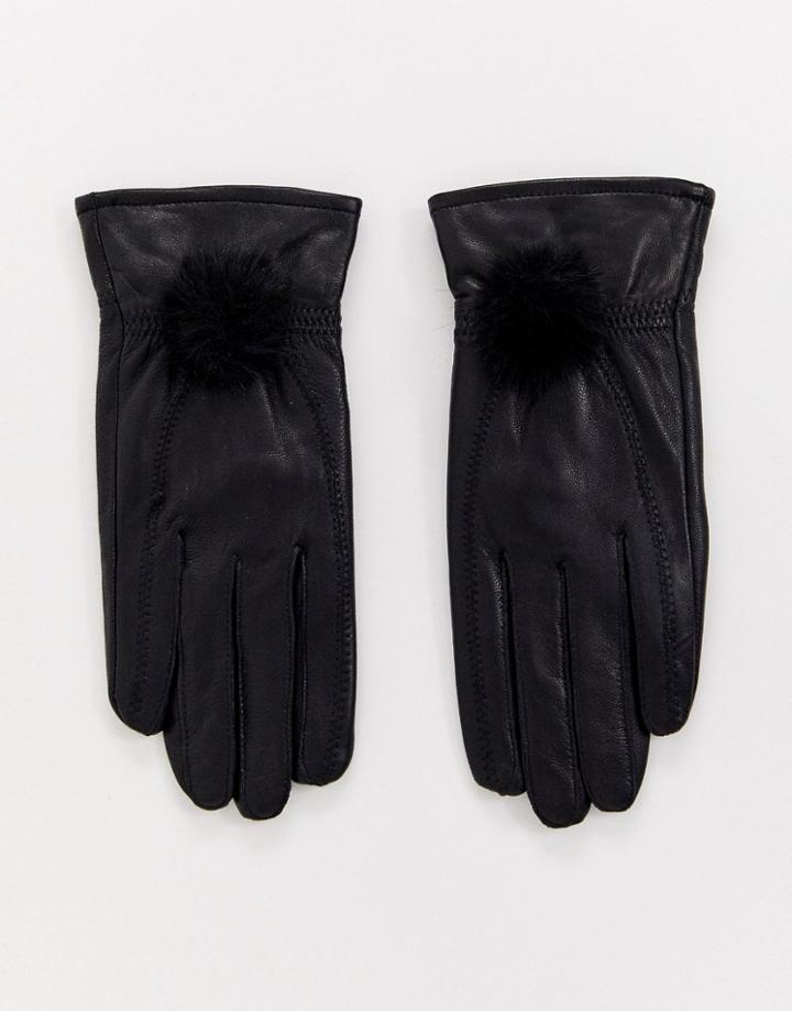 Jayley Lambs Leather Gloves With Faux Fur Pom Pom - Black