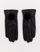 Jayley Lambs Leather Gloves With Faux Fur Pom Pom - Black