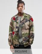 Reclaimed Vintage Camo Jacket With Rose Patches - Khaki