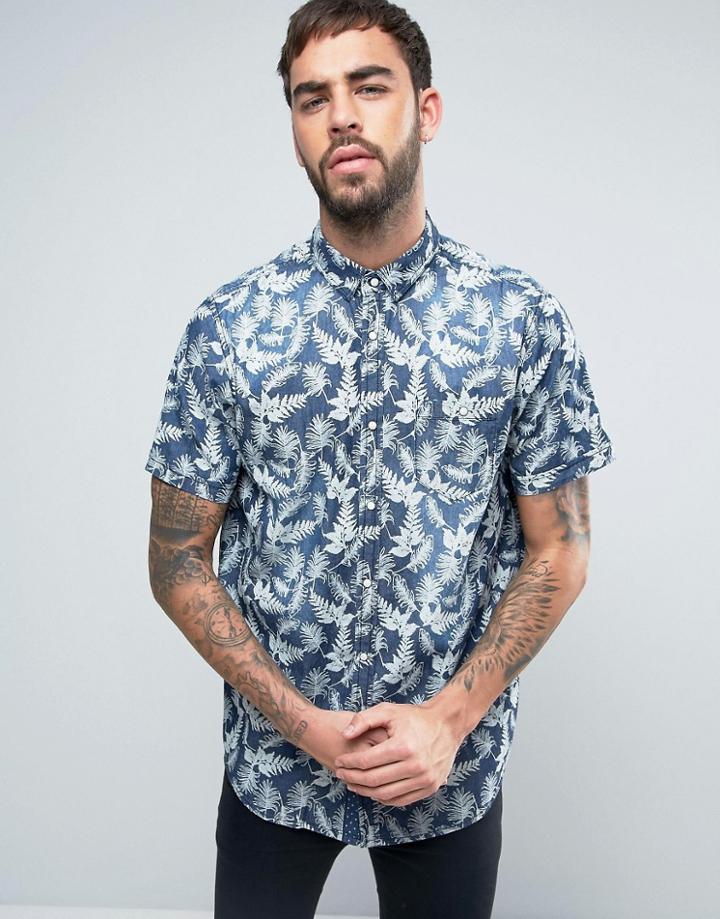 Brave Soul Leaf Print Denim Short Sleeved Shirt - Blue
