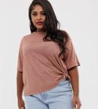 Asos Design Curve Relaxed T-shirt With Knot Side-brown