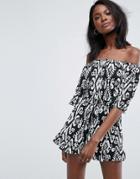 Asos Off Shoulder Romper With Frill Hem - Multi