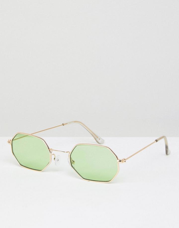 Asos 90s Angular Hexagon Fashion Sunglasses In Green Colored Lens - Gold