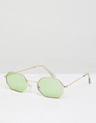 Asos 90s Angular Hexagon Fashion Sunglasses In Green Colored Lens - Gold