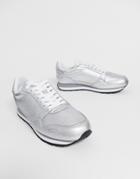 Emporio Armani Classic Silver Leather Logo Sneaker - Silver