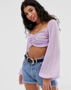 Asos Design Ruched Front Crop Top In Dobby Mesh With Blouson Sleeve - Purple