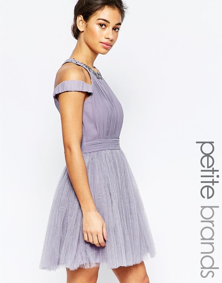 Little Mistress Petite Cold Shoulder Embellished Prom Dress - Lilac