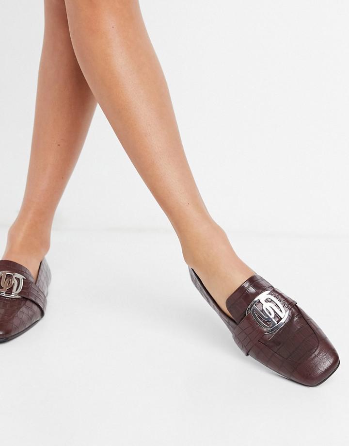 Asos Design Mellow Leather Loafer With Hardware In Burgundy Croc-red