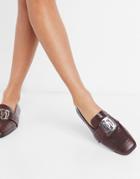Asos Design Mellow Leather Loafer With Hardware In Burgundy Croc-red