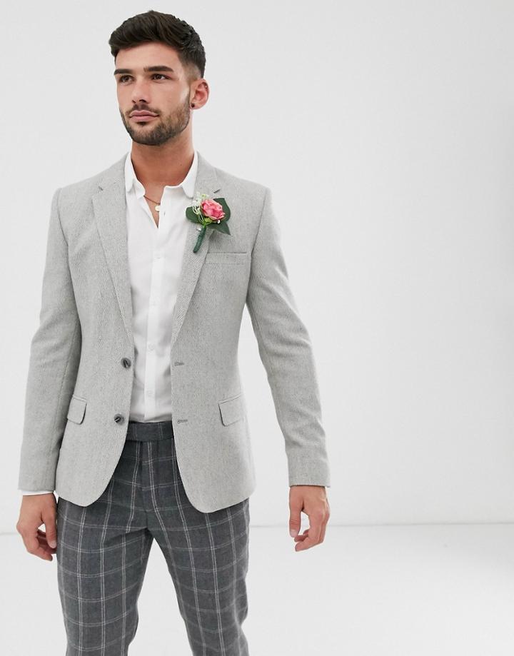 Asos Design Wedding Skinny Wool Mix Blazer With Wide Herringbone In Gray - Gray