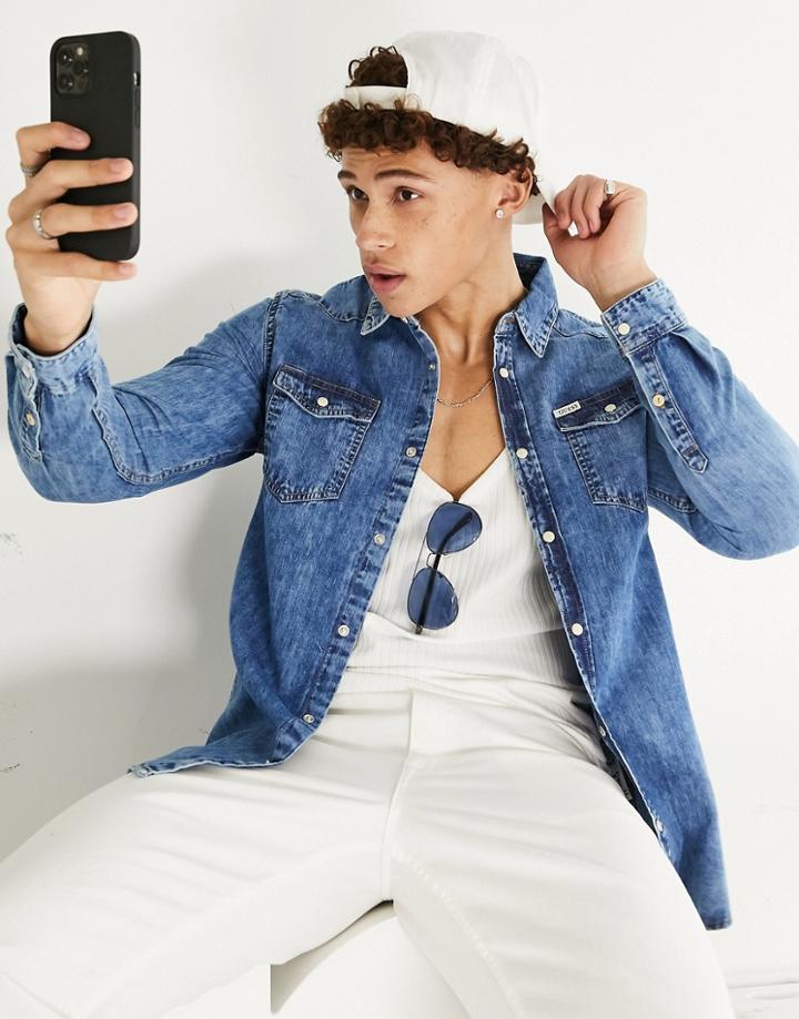 Guess Long Sleeve Denim Shirt With Blue Wash
