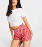 Asos Design Petite Flippy Short In Gingham With Ruffle Hem In Red-multi