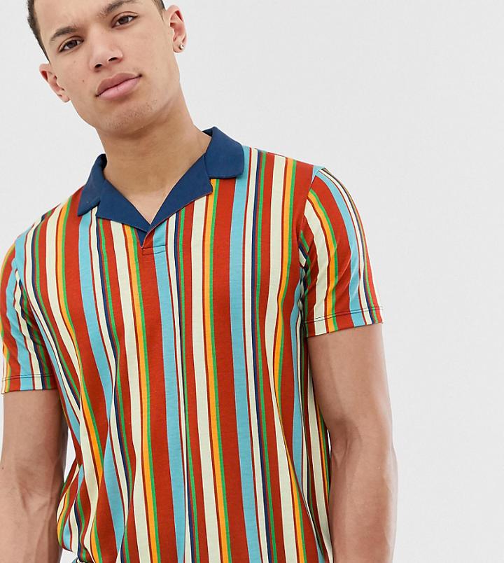 Asos Design Tall Revere Collar Polo In Vertical Stripes-multi