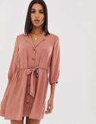 Asos Design Button Through Mini Shirt Dress With Ruched Waist-pink